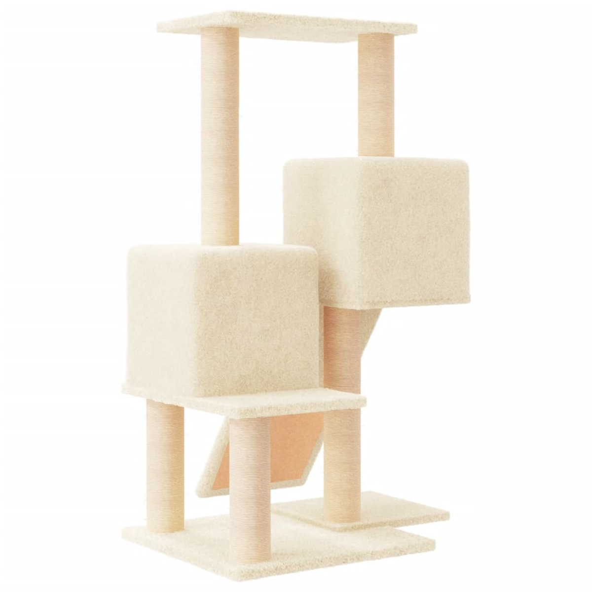 Kratzbaum mit beigefarbenem Teppich, mehreren Plattformen und Pfosten. Weißer Hintergrund.