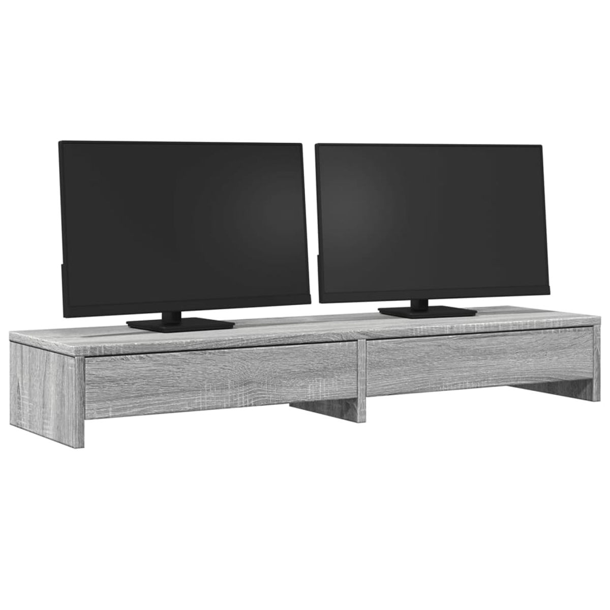 Grauer TV-Ständer aus Holz mit zwei schwarzen Monitoren oben. Es hat zwei Schubladen. Weißer Hintergrund.