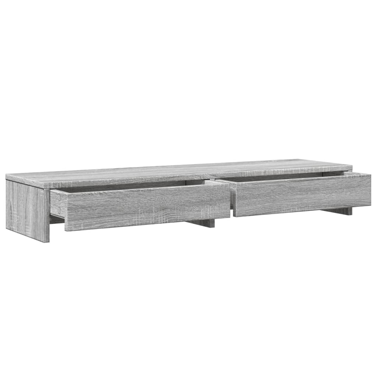 Grauer schwebender TV-Schrank aus Holz mit zwei offenen Schubladen.