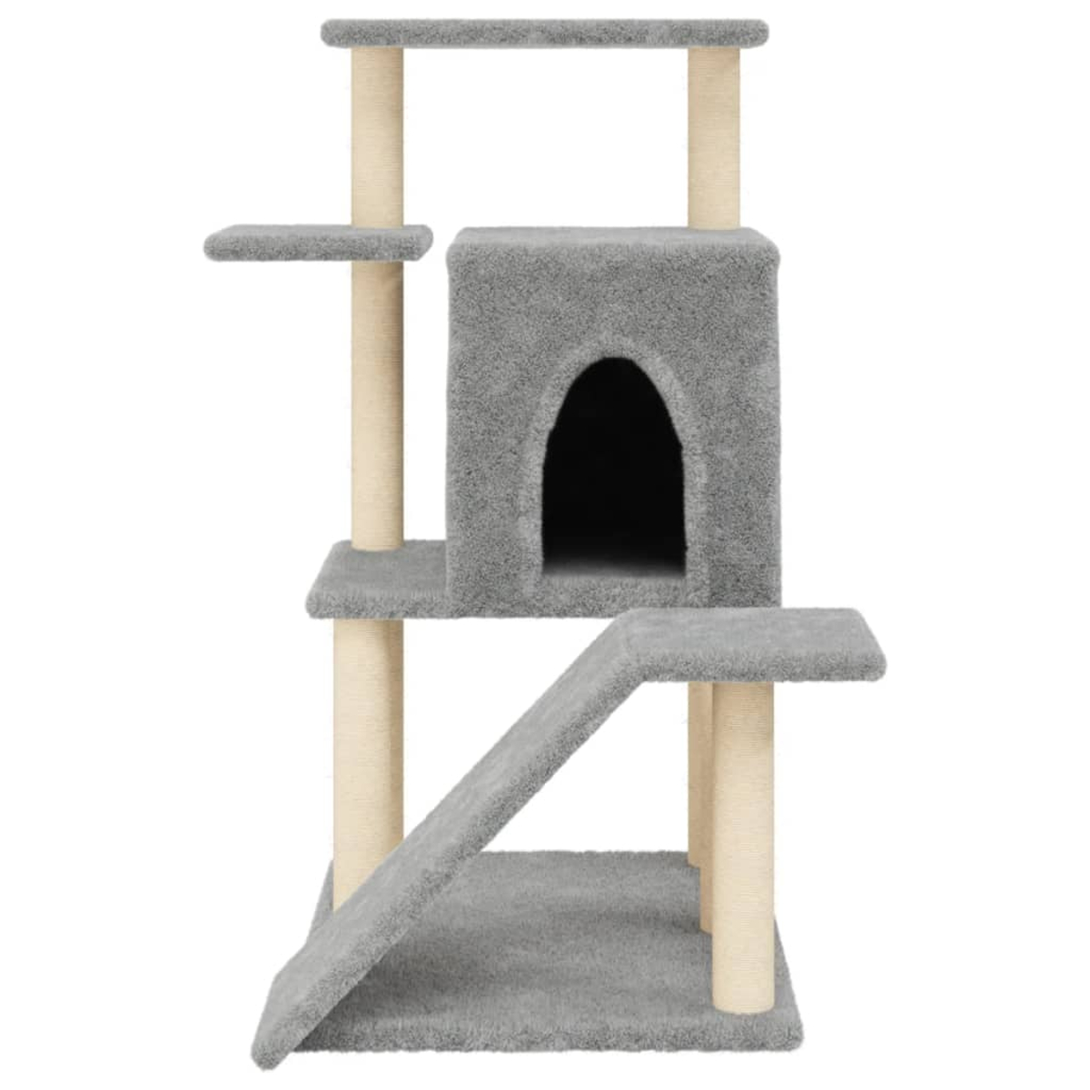 Grauer Katzenbaum mit mehreren Ebenen. Er hat ein Haus, Plattformen und Kratzbäume.