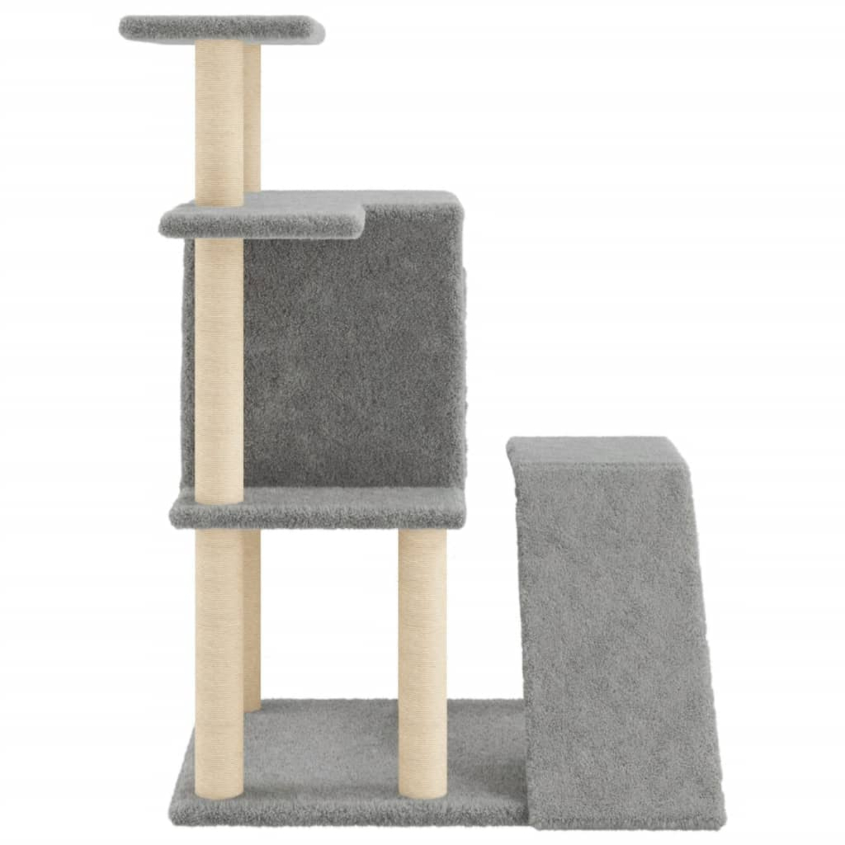 Grauer Katzenbaum mit mehreren Plattformen, beigen Pfosten und einer Rampe.