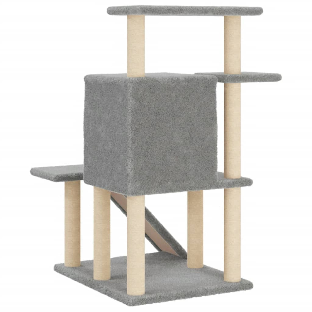 Grauer Katzbaum mit mehreren Ebenen. Beinhaltet ein Würfelhaus, Plattformen und Kratzbäume.