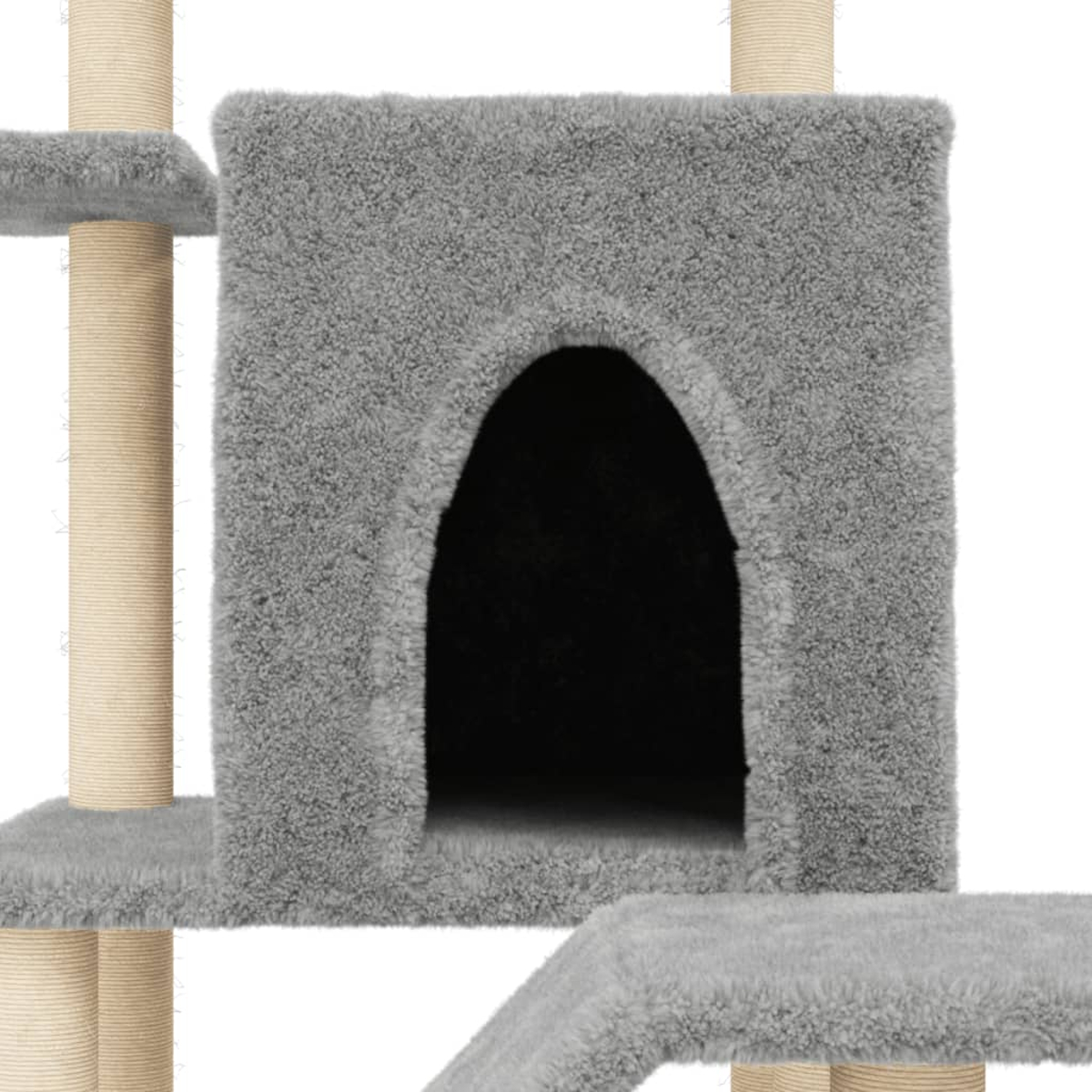 Grauer Katzenbaum mit quadratischem Haus, Kratzbäumen und Plattformen. Weißer Hintergrund.