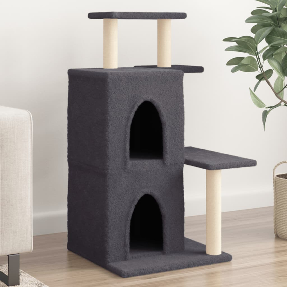 Dunkelgrauer Katzenbaum mit zwei Ebenen, einer Höhle und zwei Plattformen. Beige Pfosten.