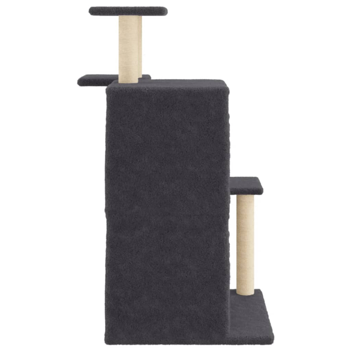 Dunkelgrauer Katzenbaum mit hohem Turm und Plattformen. Beige Pfosten und eine Plattform.