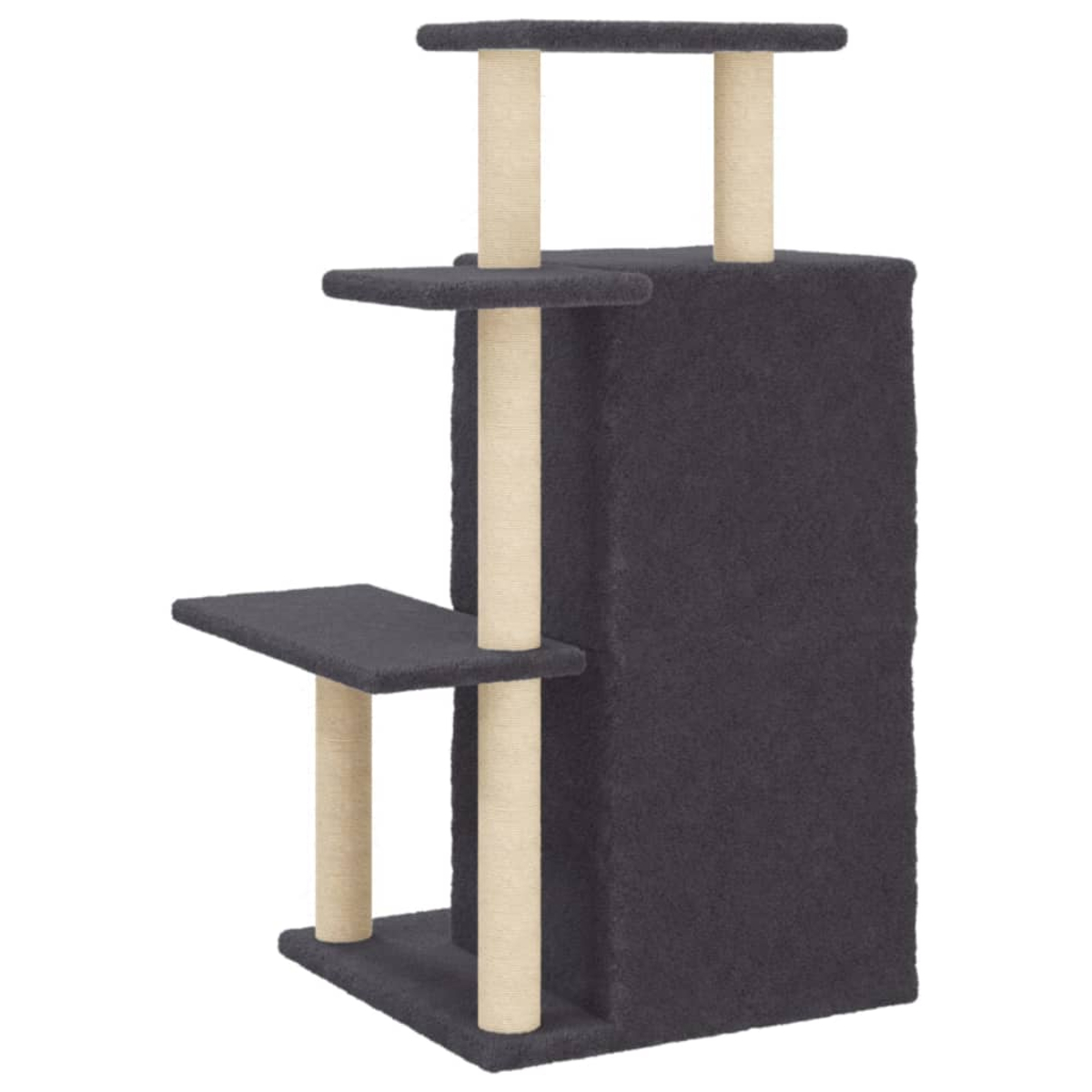 Dunkelgrauer Katzenbaum mit Plattformen, beigen Pfosten und einer kastenartigen Struktur.