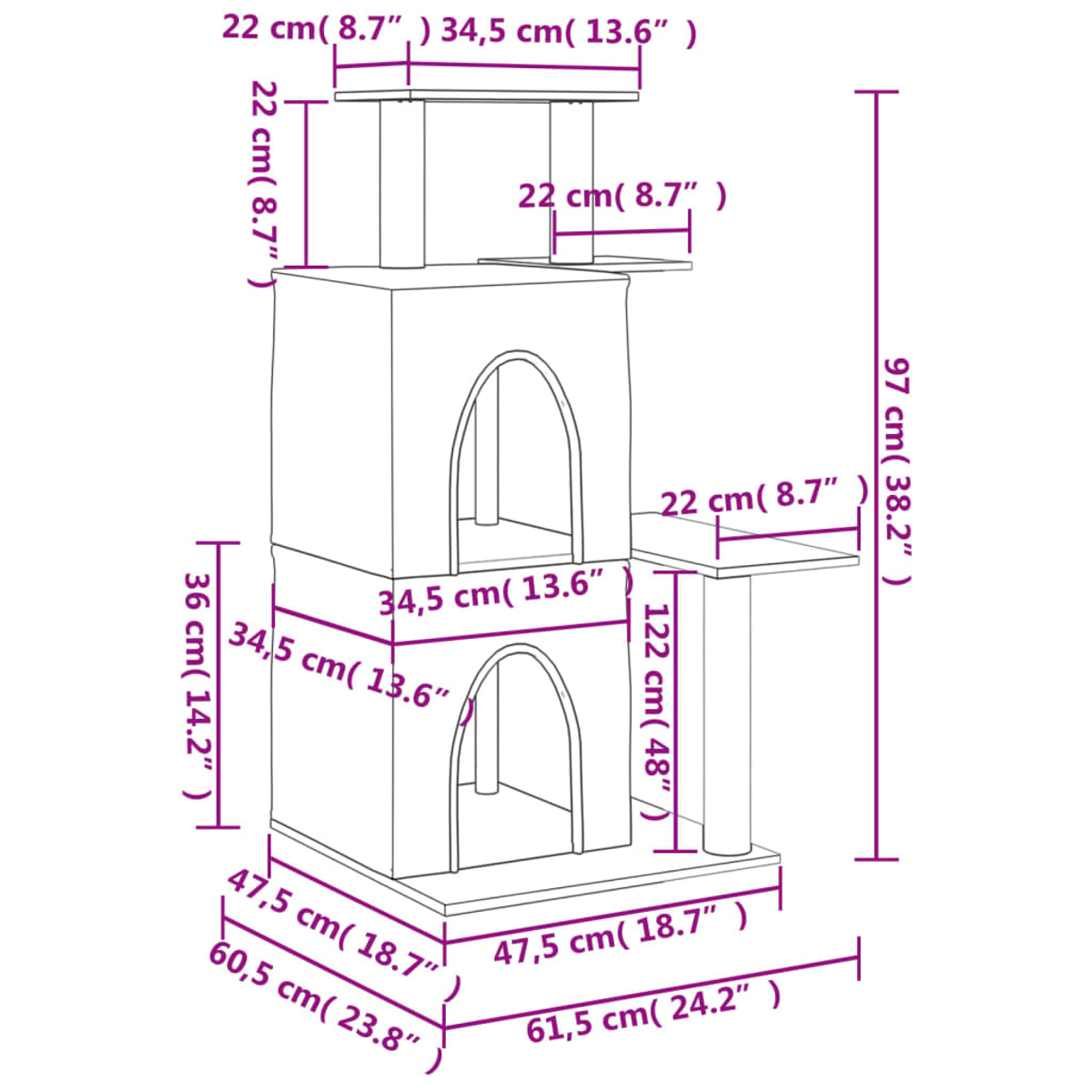 Diagramm eines Katzenbaums mit Maßen. Zeigt Höhe, Breite und Komponentengrößen.