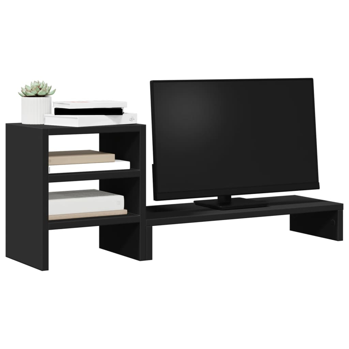 Schwarzer TV-Ständer mit Fernseher, Büchern und einer Pflanze. Weißer Hintergrund.