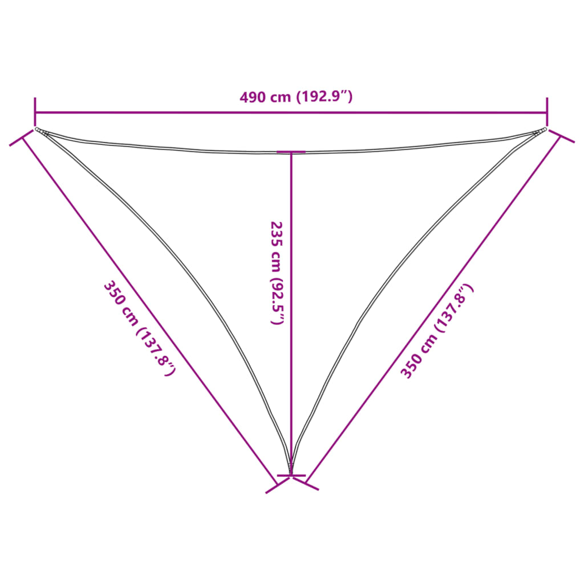 Diagramma delle dimensioni: tenda parasole triangolare con misure 490 cm x 350 cm x 235 cm.