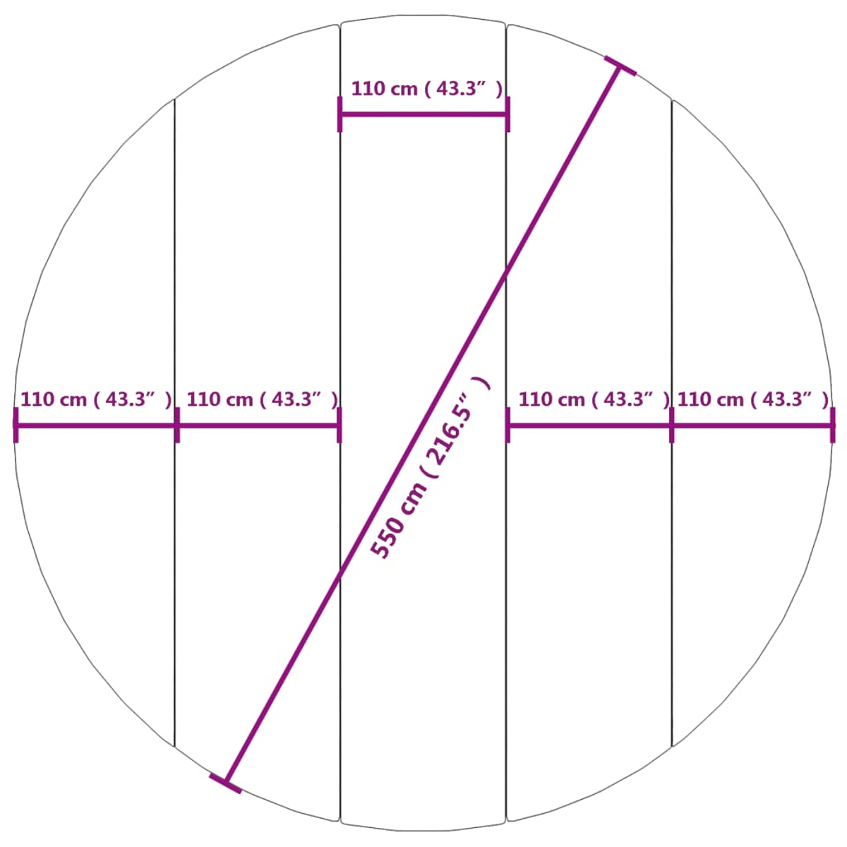 Kreisförmige Matte mit Abmessungen in cm, mit vertikalen Linien und einer diagonalen Linie quer.