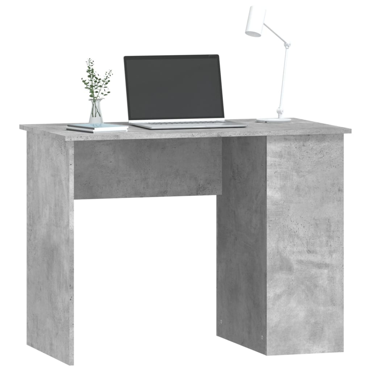 Grauer Schreibtisch mit Laptop, Lampe und Büchern, isoliert auf Weiß.