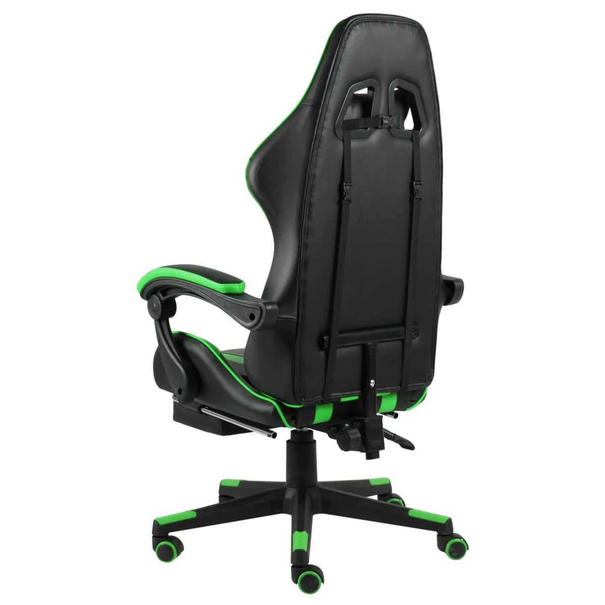 Schwarzer und grüner Gaming-Stuhl. Die Rückseite des Stuhls zeigt schwarze Polsterung und grüne Akzente.