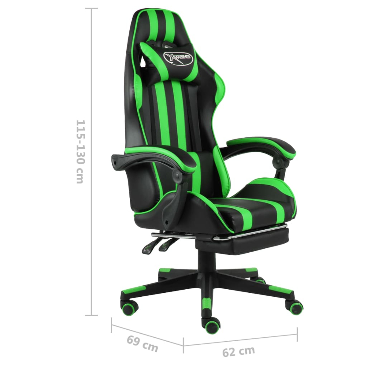 Gaming-Stuhl in Schwarz und Grün mit Maßen. Der Stuhl ist schwarz und grün mit Abmessungen.