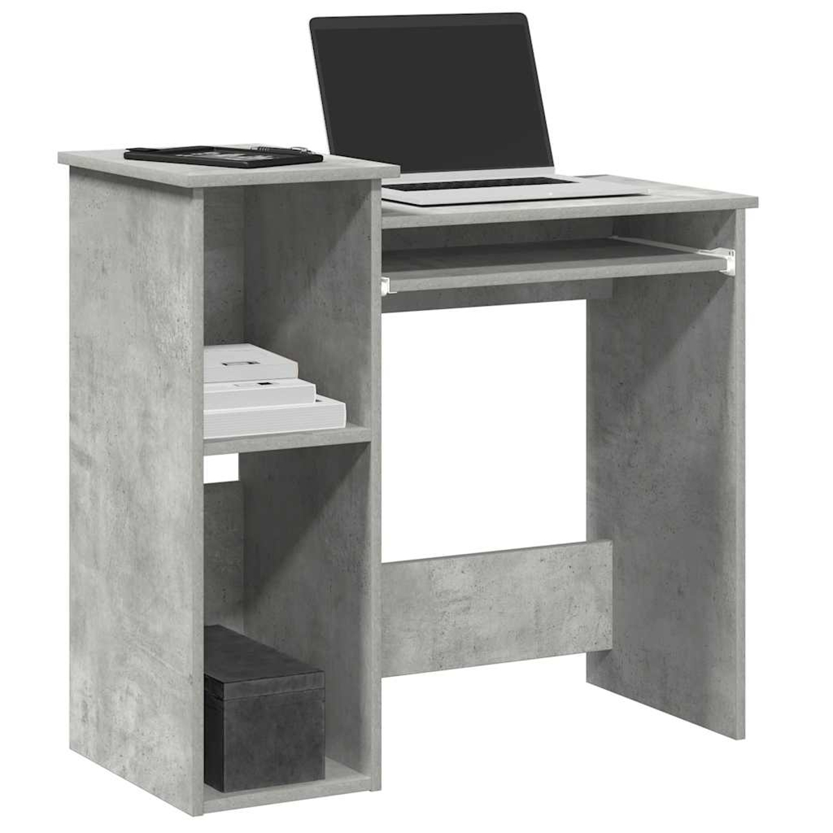 Ein grauer Computertisch mit Seitenregal. Ein Laptop und Bücher sind obenauf.