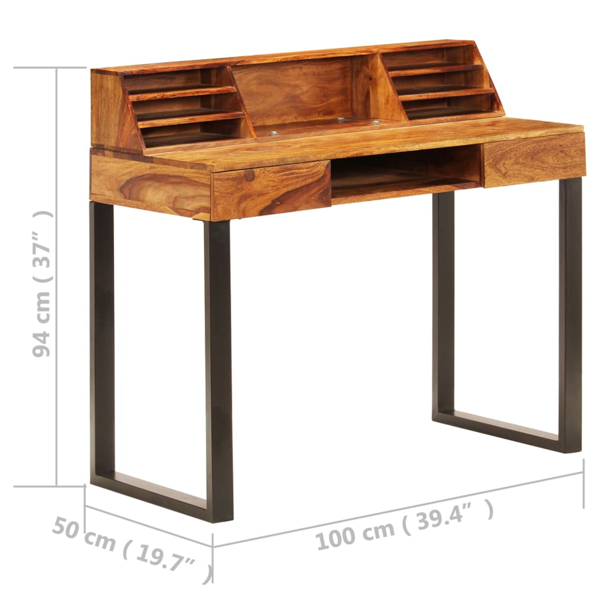 Ein Holzschreibtisch mit Schubladen und einem oberen Fach, mit schwarzen Metallbeinen.