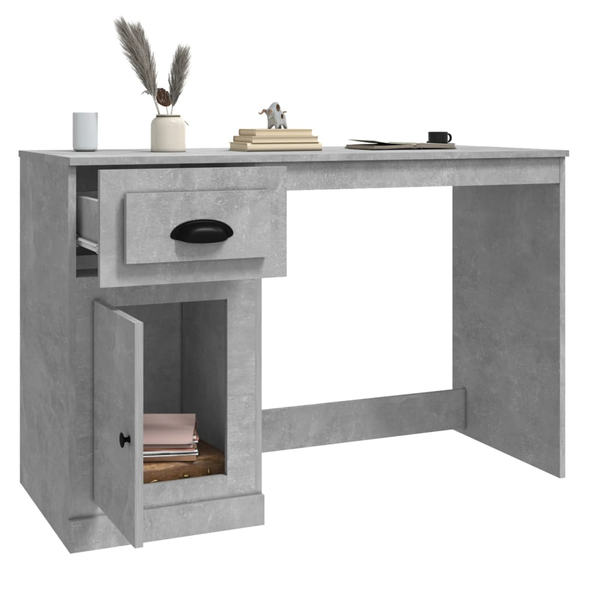 Grauer Schreibtisch mit Schublade und Schrank. Gegenstände auf dem Schreibtisch. Weißer Hintergrund, Betonstruktur.