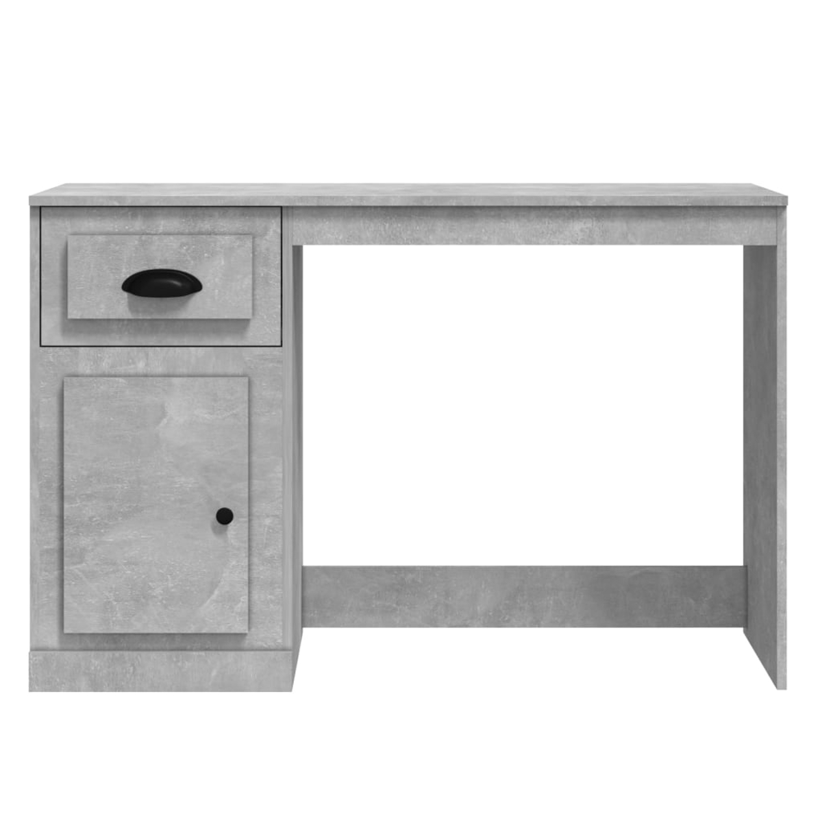 Grauer Schreibtisch mit Schublade und Schrank. Weißer Hintergrund. Betonstruktur, minimalistischer Stil.
