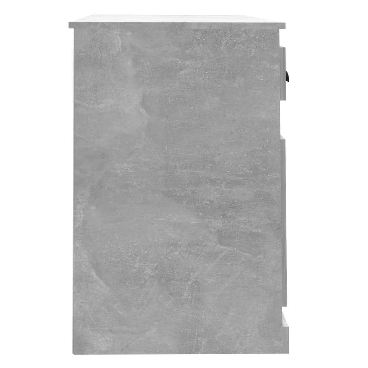 Seitenansicht des grauen Schreibtisches mit Schublade und Schrank. Weißer Hintergrund. Betonstruktur.