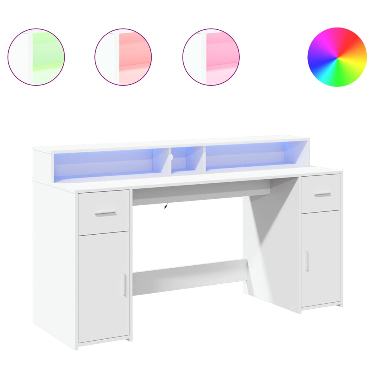 Weißer Schreibtisch mit Schubladen, Schrank und LED-Leuchten. Farboptionen.