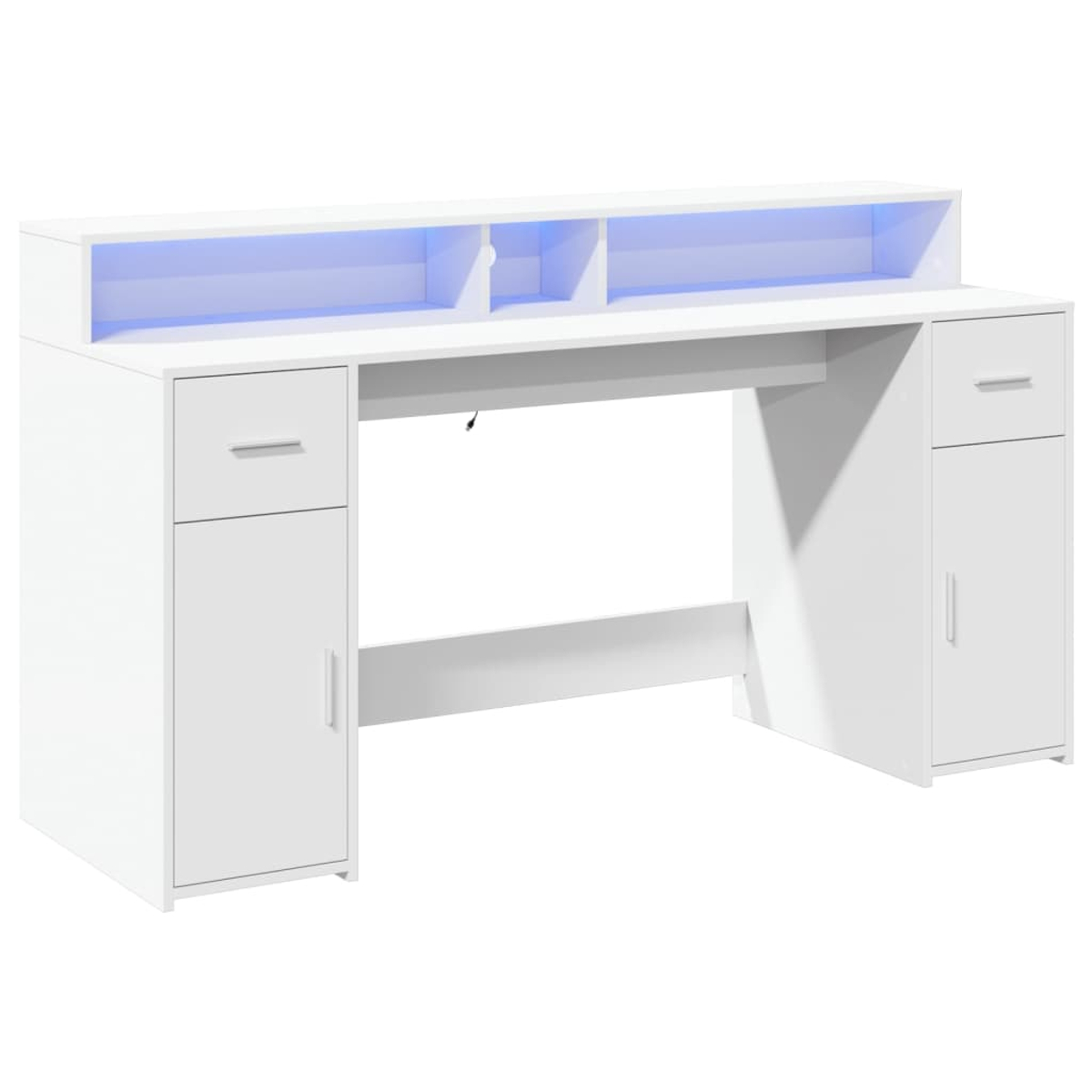 Weißer Schreibtisch mit Regalen und Schubladen. Blaues Licht strahlt von den Regalen aus.
