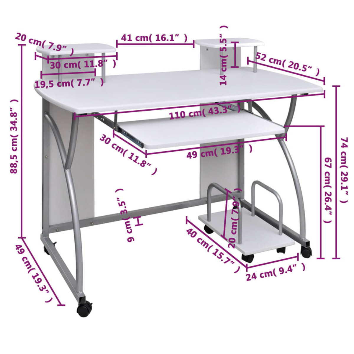 Weißer Schreibtisch mit Maßen: 110x49x74cm. Tastaturauszug, zwei Ablagen und Räder. Weißer Hintergrund.