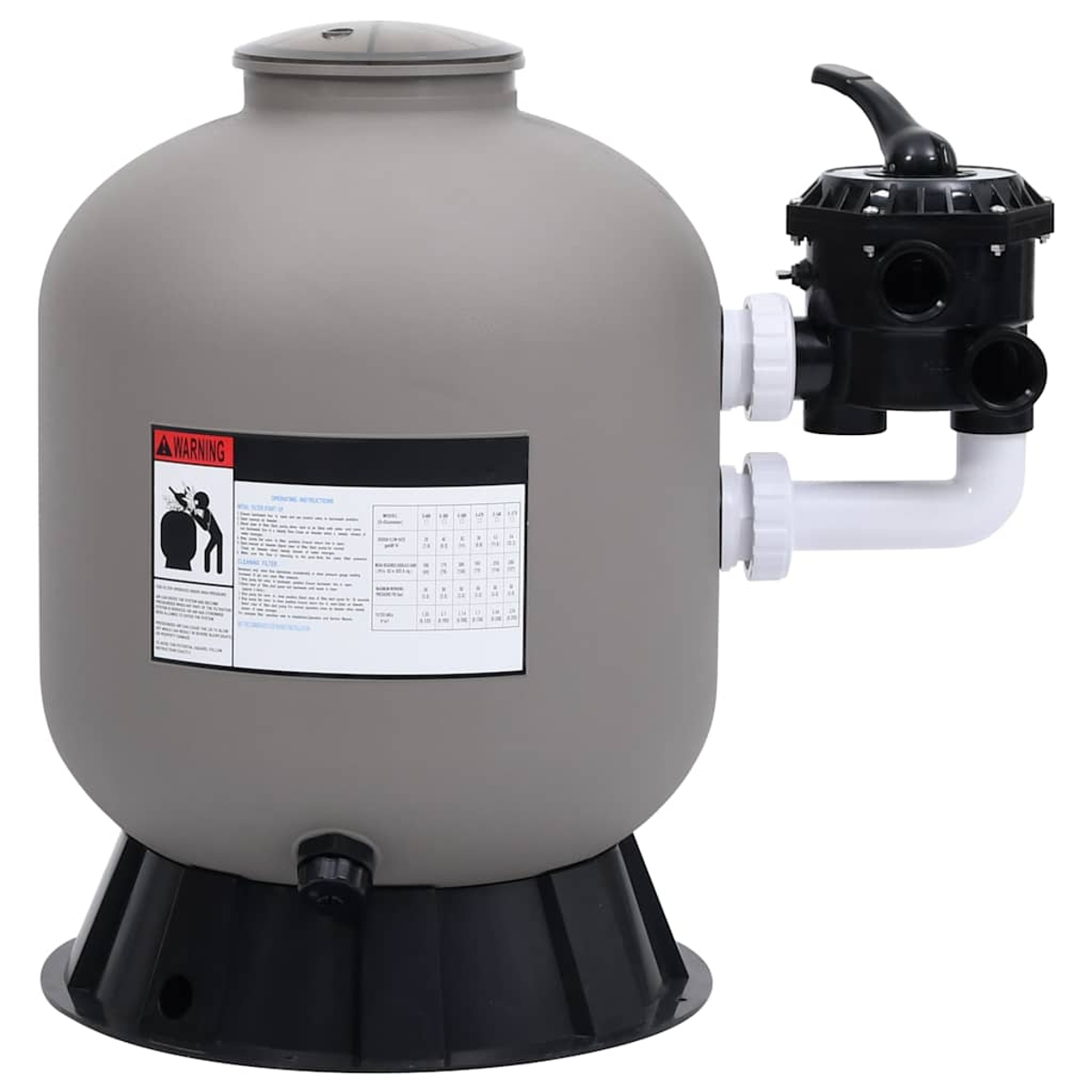 Grauer Poolfilter mit schwarzem Ventil und weißen Rohren. Auf der Seite befindet sich ein Etikett mit Anweisungen.
