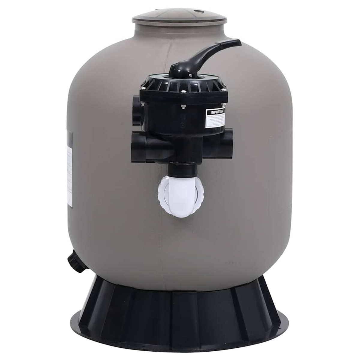 Grauer Poolfilter mit schwarzem Ventil und weißen Rohren. Der Filter steht auf einem schwarzen Sockel.