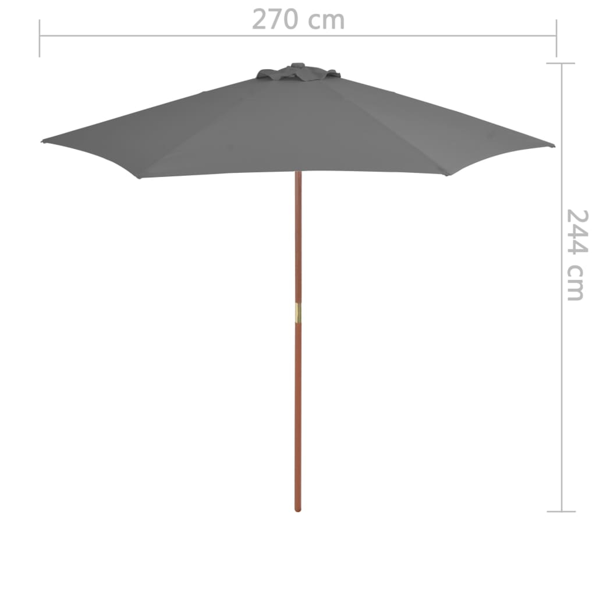 Ein offener grauer Schirm mit Holzstange, die Abmessungen sind 270cm x 244cm.
