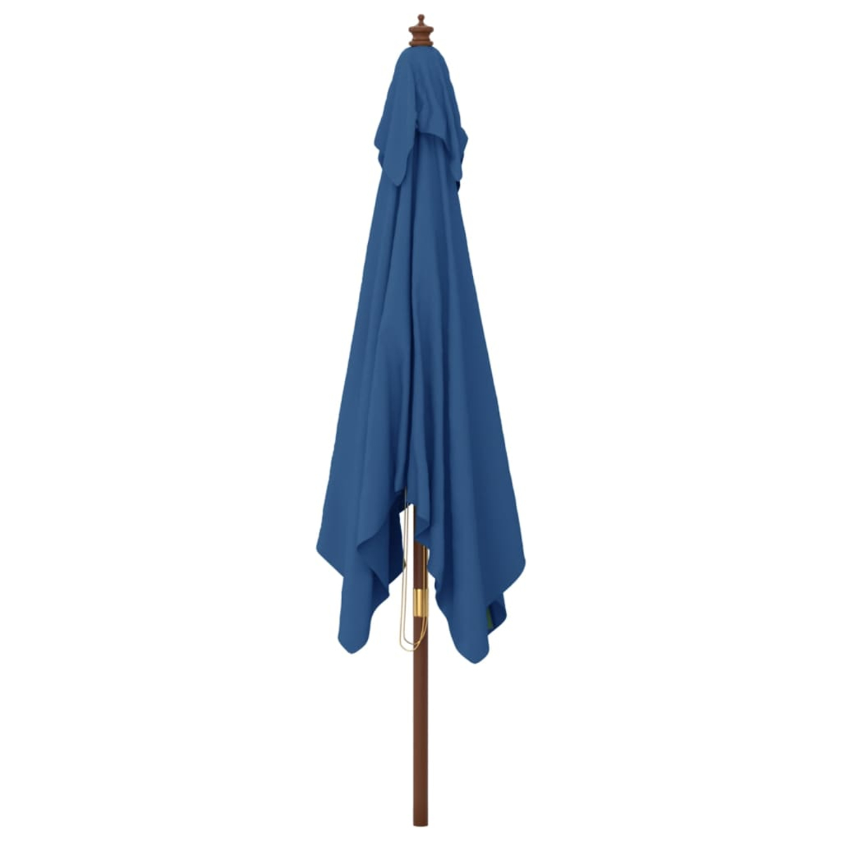 Ein blauer Schirm, gefaltet und gebunden, mit Holzpfahl, weißer Hintergrund.