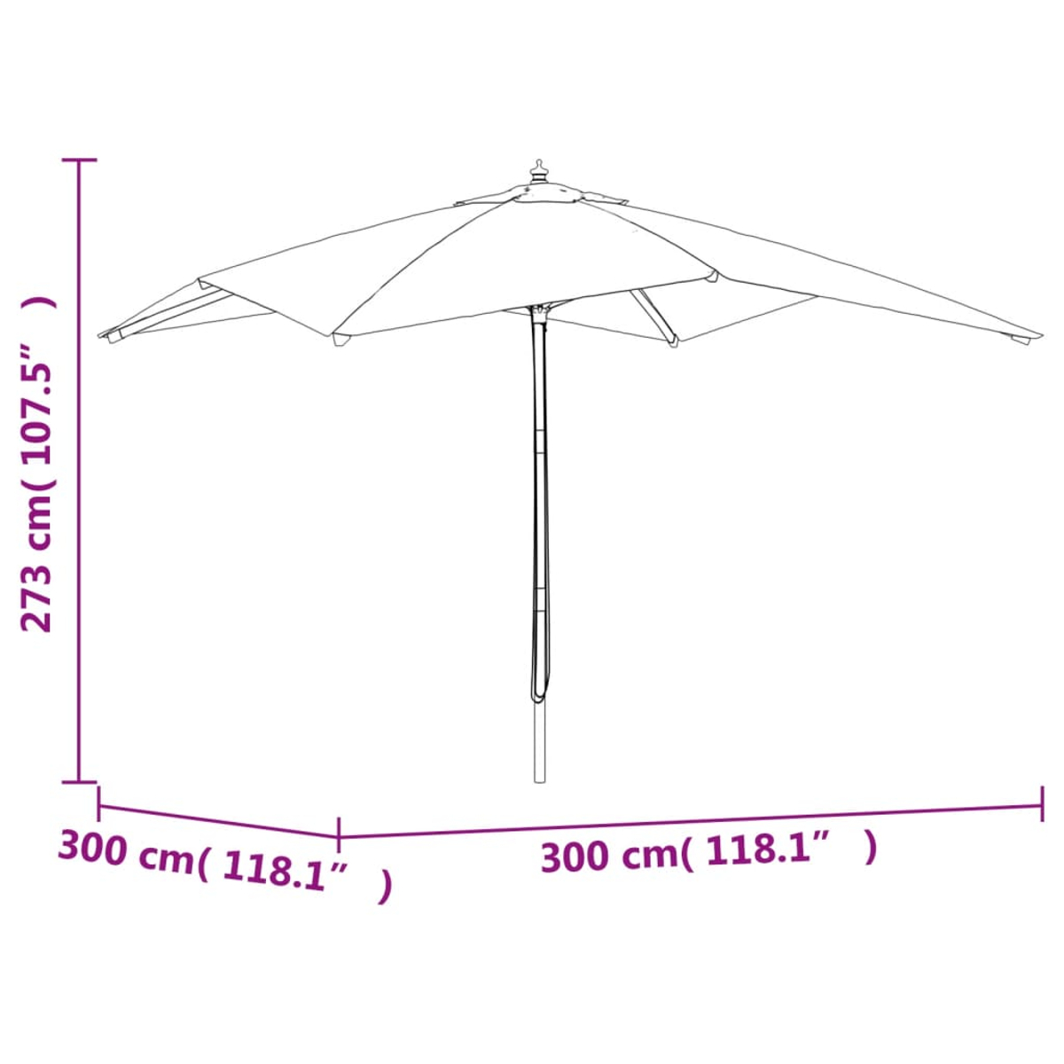 Diagramm eines geöffneten Sonnenschirms mit den Maßen 300cm x 300cm vor weißem Hintergrund.