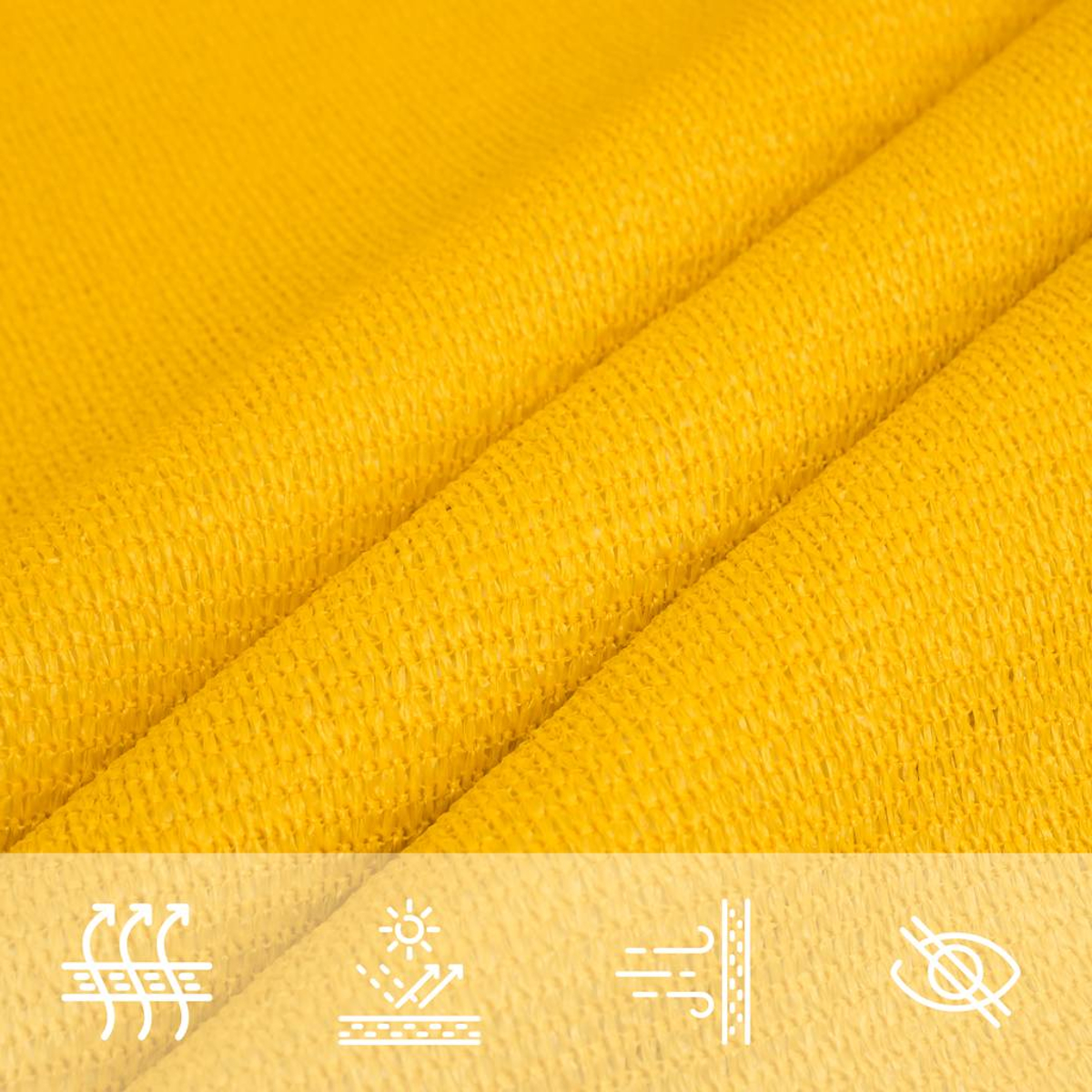 Primo piano di tessuto giallo con icone per protezione solare, vento e resistenza all'acqua.