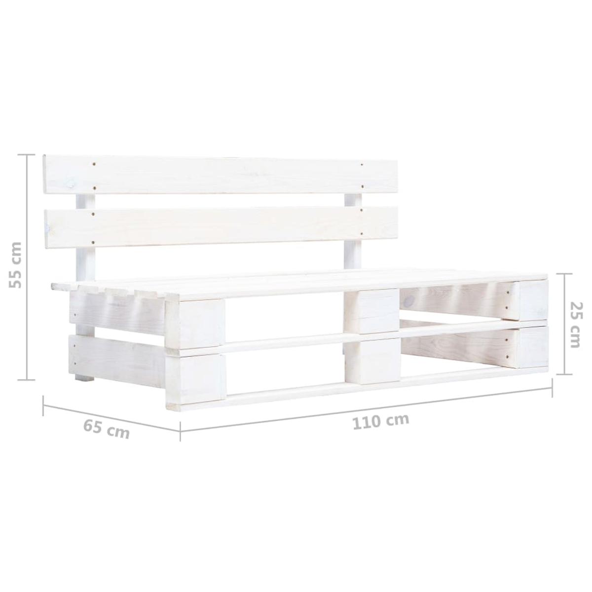 Weiße Holzpalettenbank. 110cm lang, 55cm hoch, 65cm breit. Weißer Hintergrund.