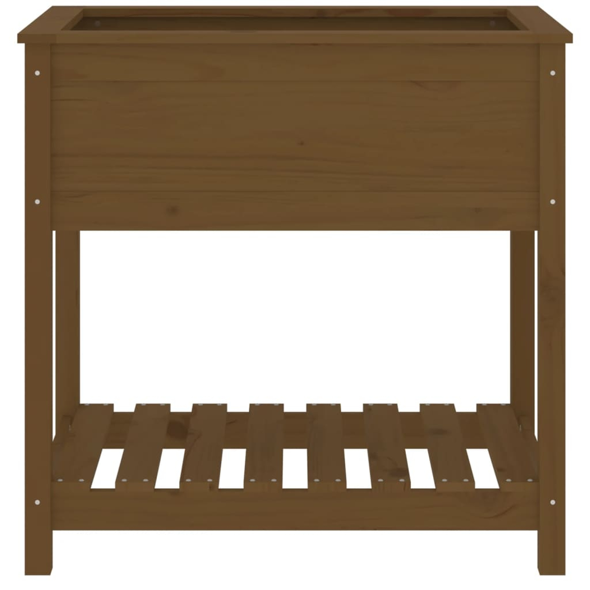 Braune Holz-Pflanzkasten mit offenem Bodenregal. Leer, bereit für Pflanzen, vor weißem Hintergrund platziert.
