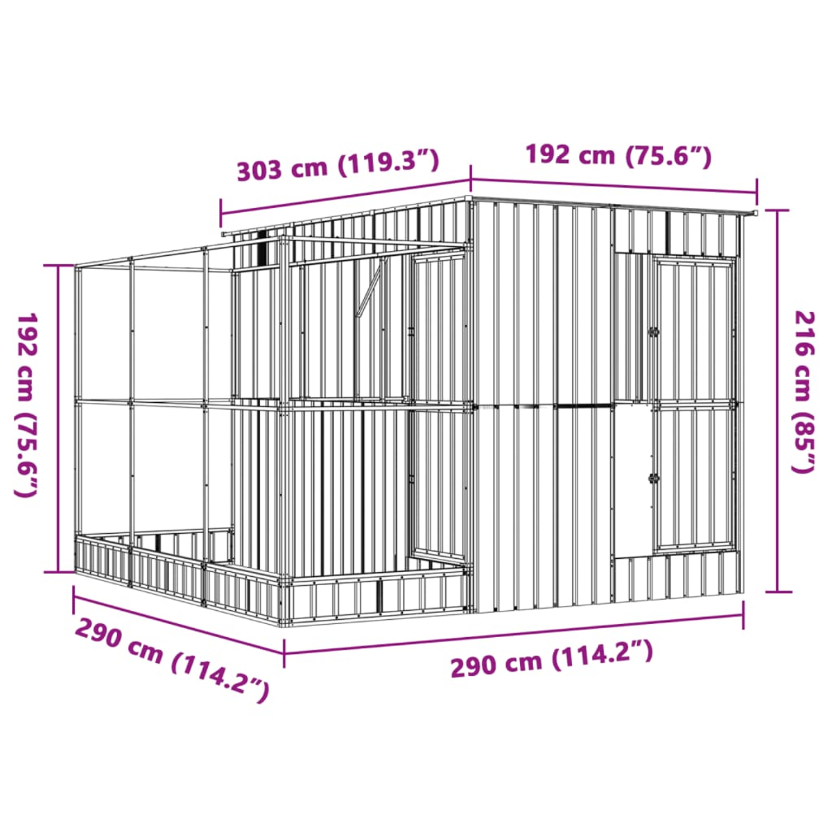 Eine große Holzkonstruktion mit beschrifteten Abmessungen, mit einem Deckbereich und umschlossenen Abschnitten, weißer Hintergrund.