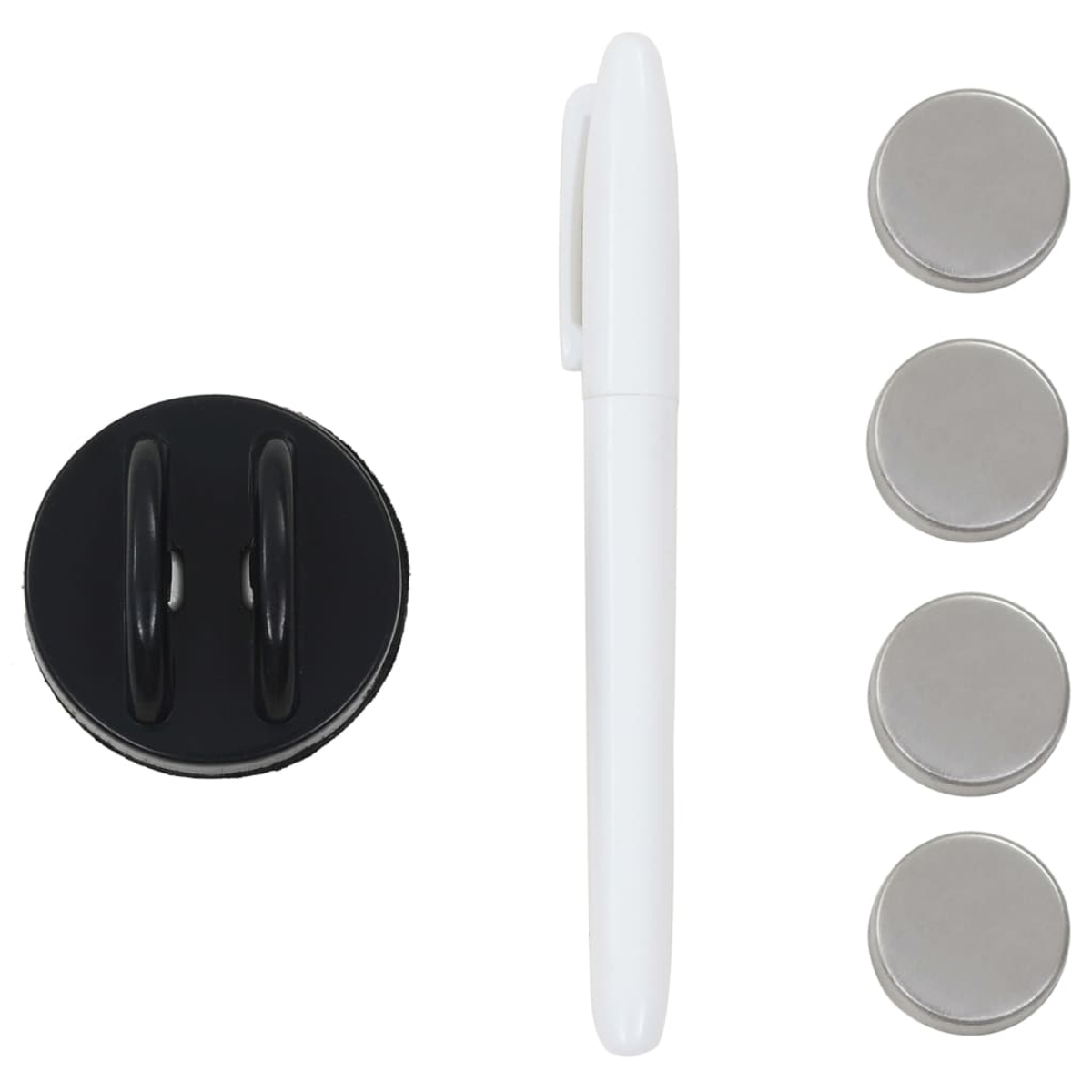 Weißer Stift und Magnete mit Halter, freigestellt auf weißem Hintergrund.
