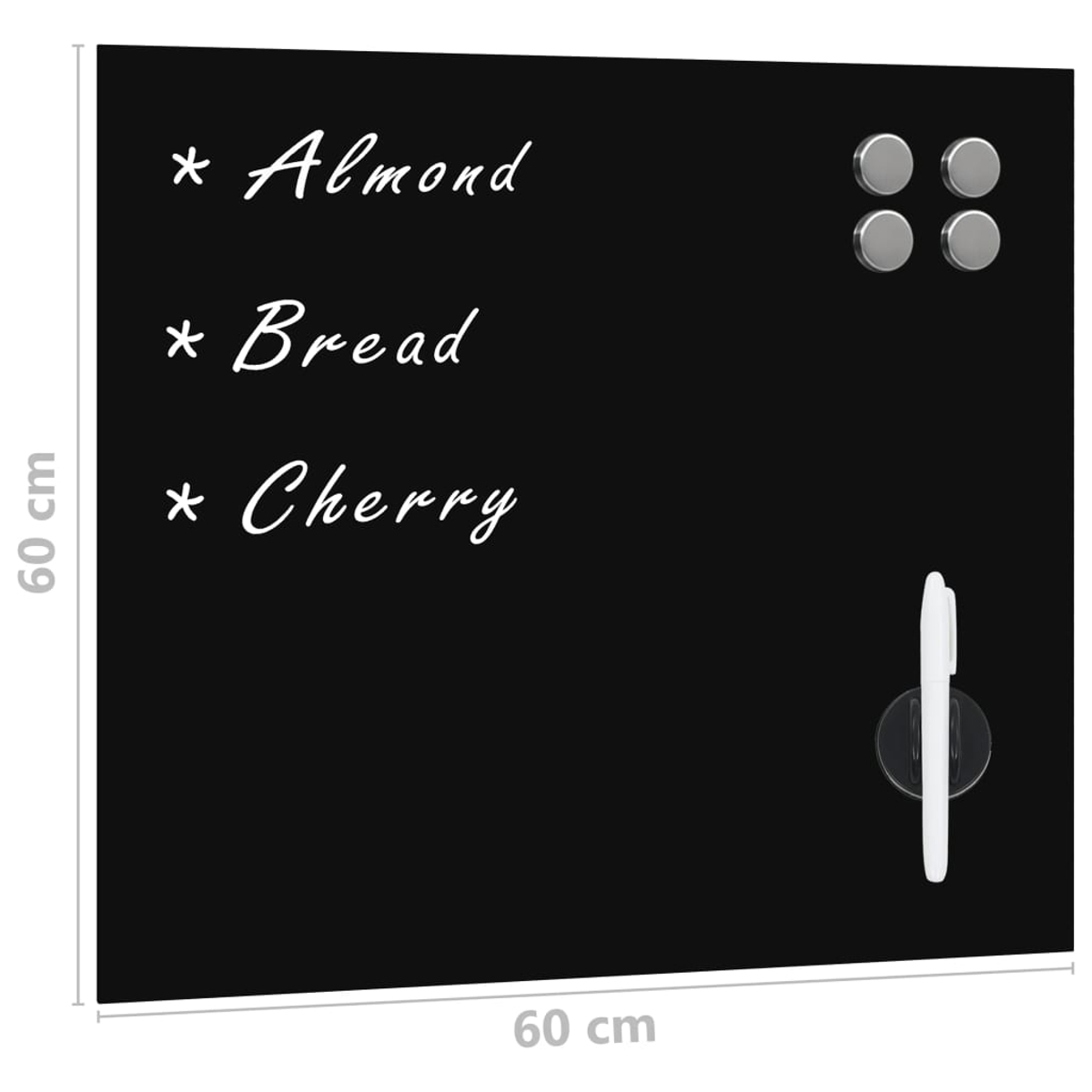 Eine schwarze Tafel mit den Wörtern 'Almond', 'Bread' und 'Cherry', mit Magneten und einem Stift.