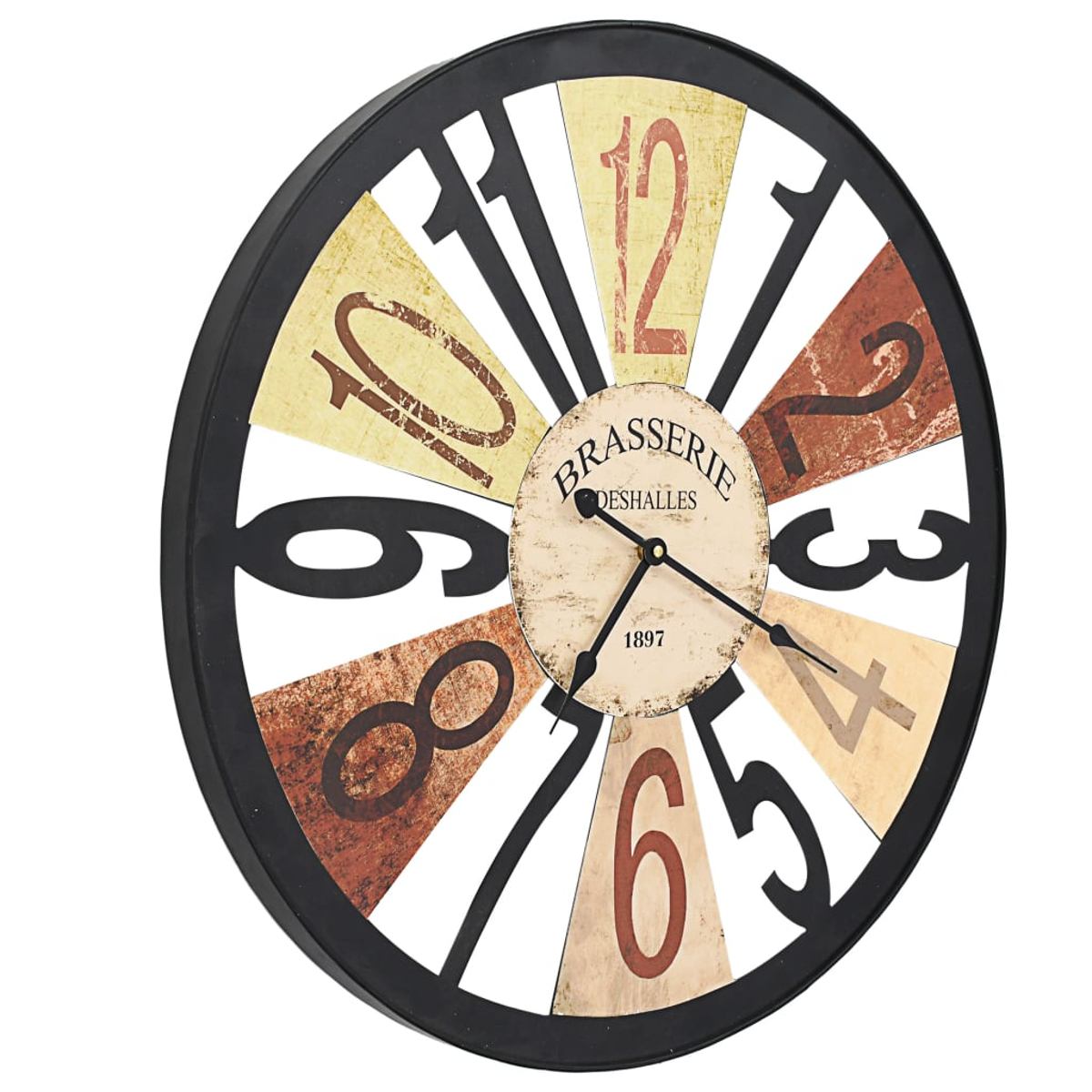 Runde Uhr mit schwarzem Rand, buntem Zifferblatt und schwarzen Zeigern.