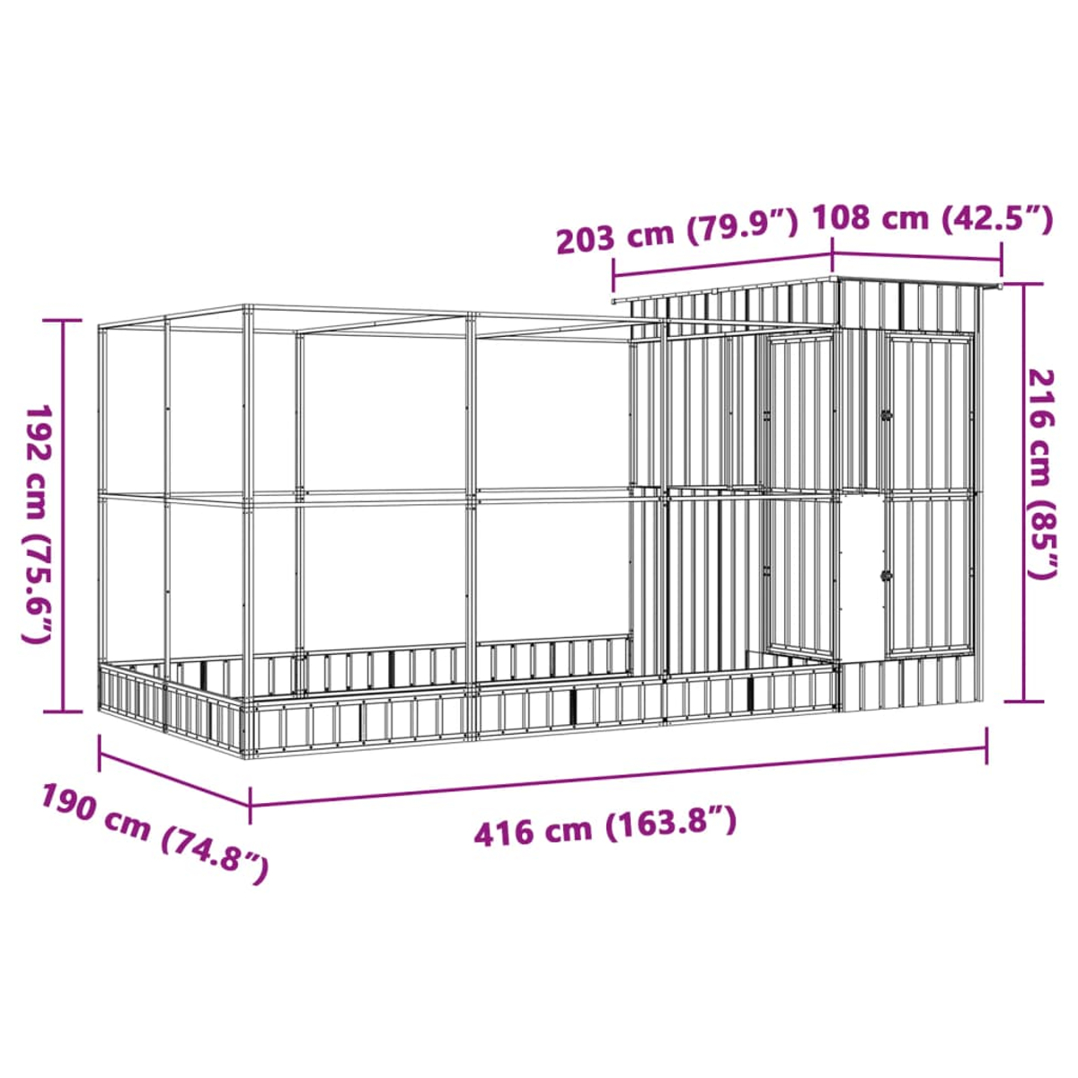 Ein Holzspielhaus mit in Zentimetern beschrifteten Abmessungen.