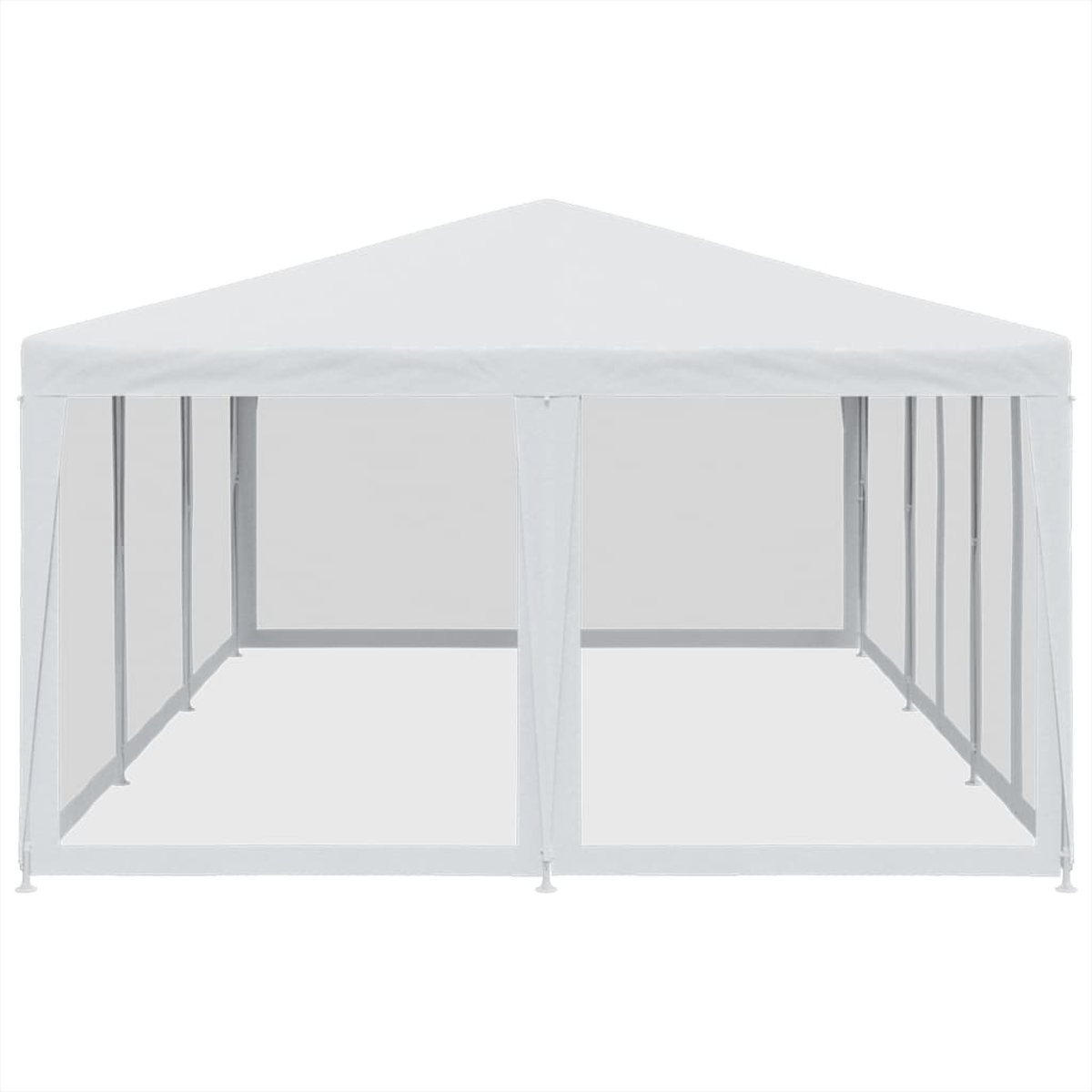 Una tenda a baldacchino bianca da esterno con pannelli laterali trasparenti, su sfondo bianco.