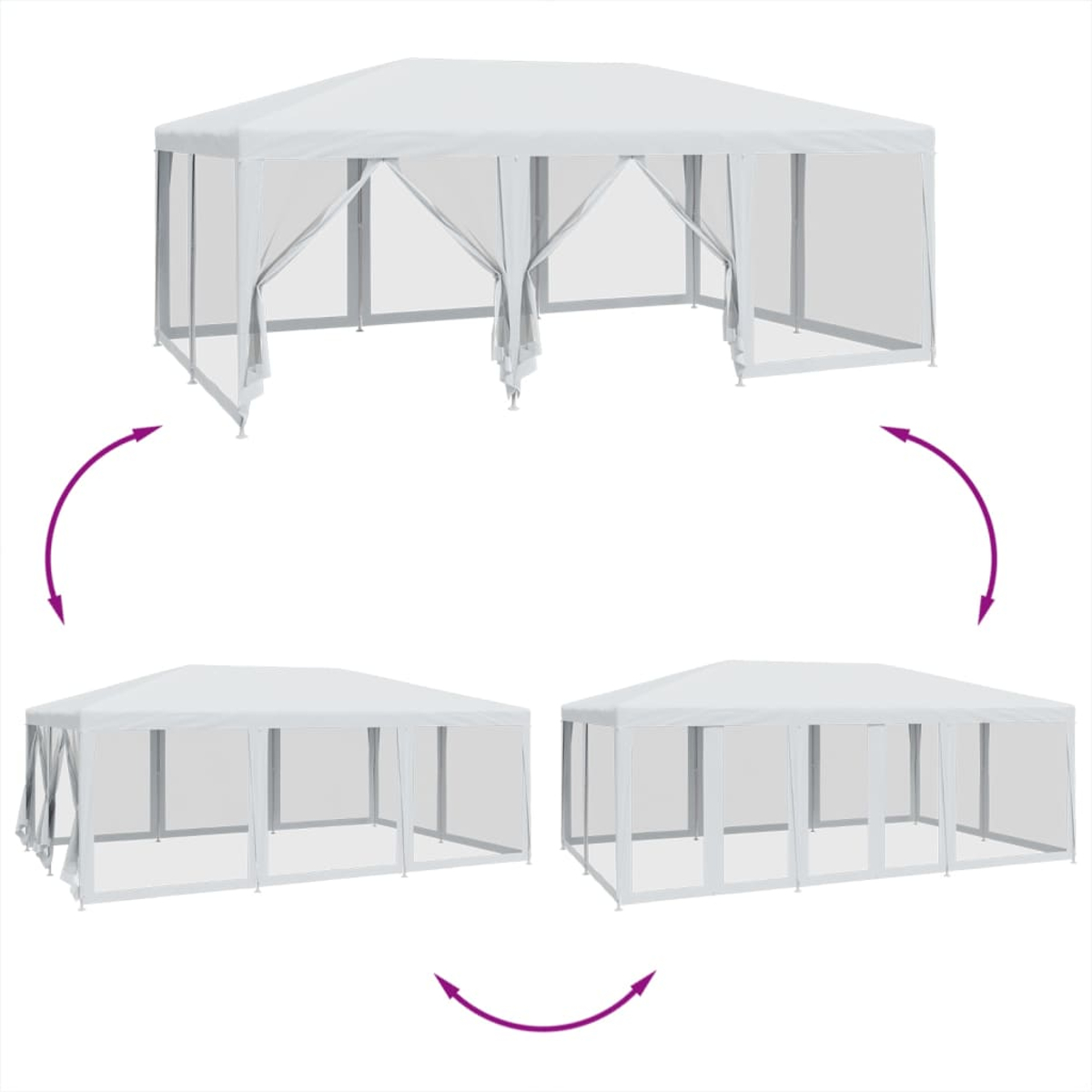 Gazebo bianco, mostrato da diverse angolazioni, con un design aperto.