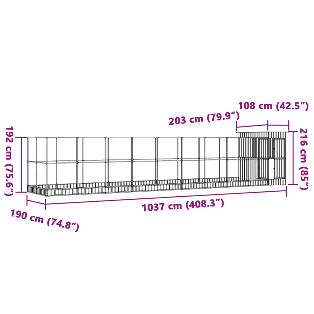 Ein Diagramm einer langen Hundehütte mit Abmessungen in Zentimetern und Zoll.