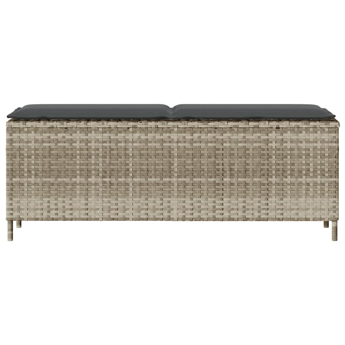 Contenitore grigio intrecciato con cuscini. Tessuto intrecciato grigio chiaro, con cuscini grigio scuro sopra.