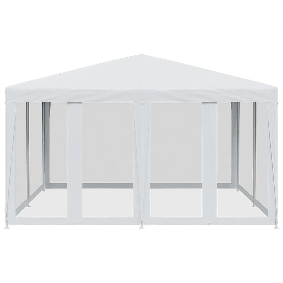 Una struttura bianca a forma di tenda con pareti trasparenti e tetto a punta. È vuota.