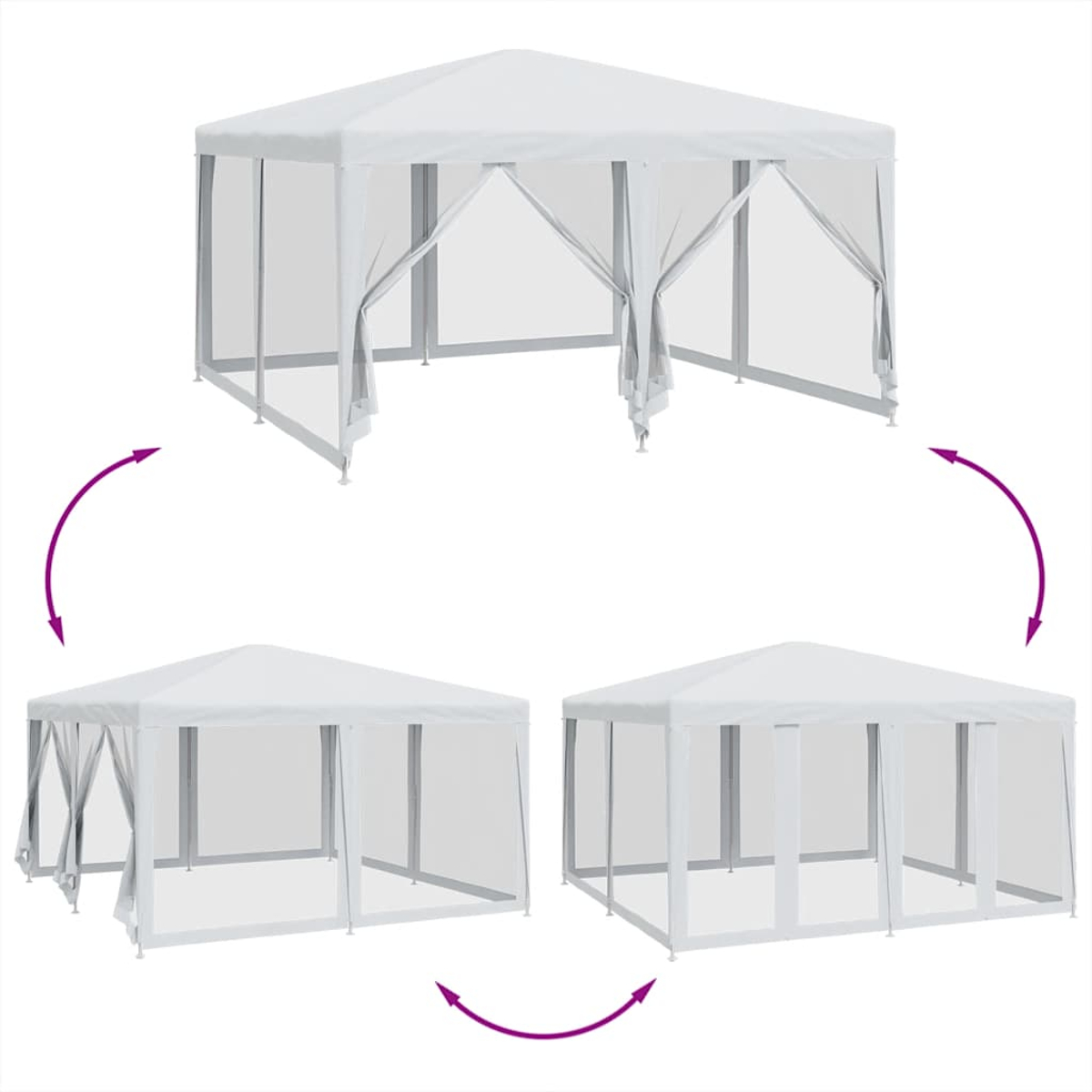 Tre viste di un gazebo bianco. Primo piano: gazebo. Sfondo: bianco.