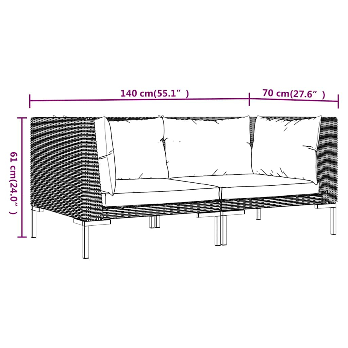 Outdoor-Sofa mit in cm beschrifteten Abmessungen, mit Kissen, vor weißem Hintergrund.