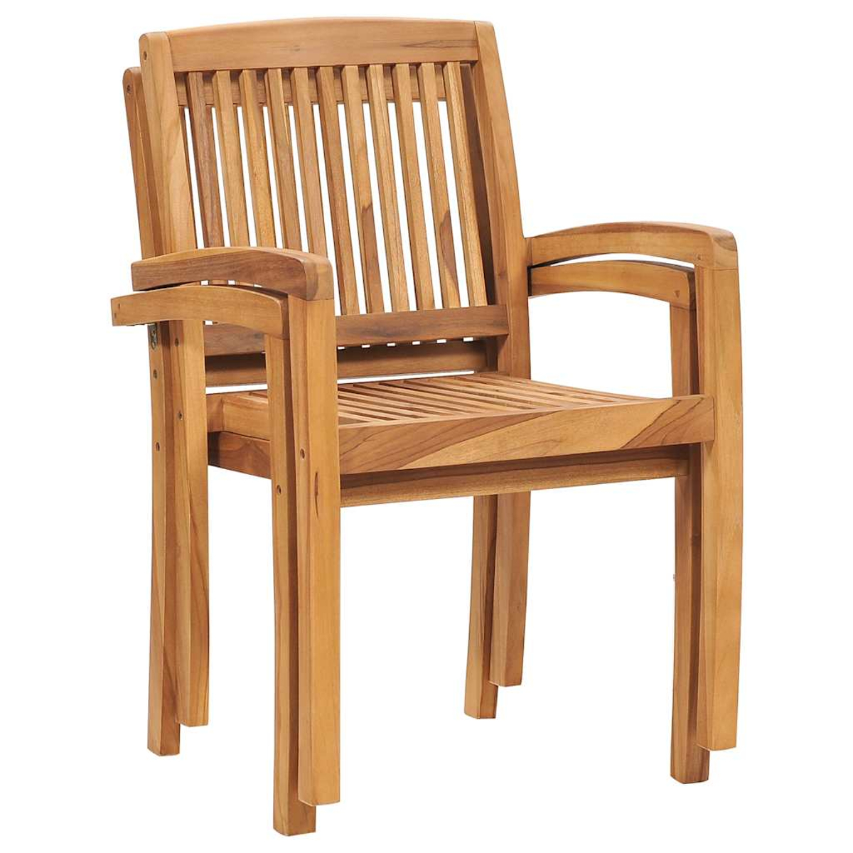 Holzstuhl mit Armlehnen, Lattenrücken und Sitz, natürliche Holzfarbe, isoliert auf Weiß.