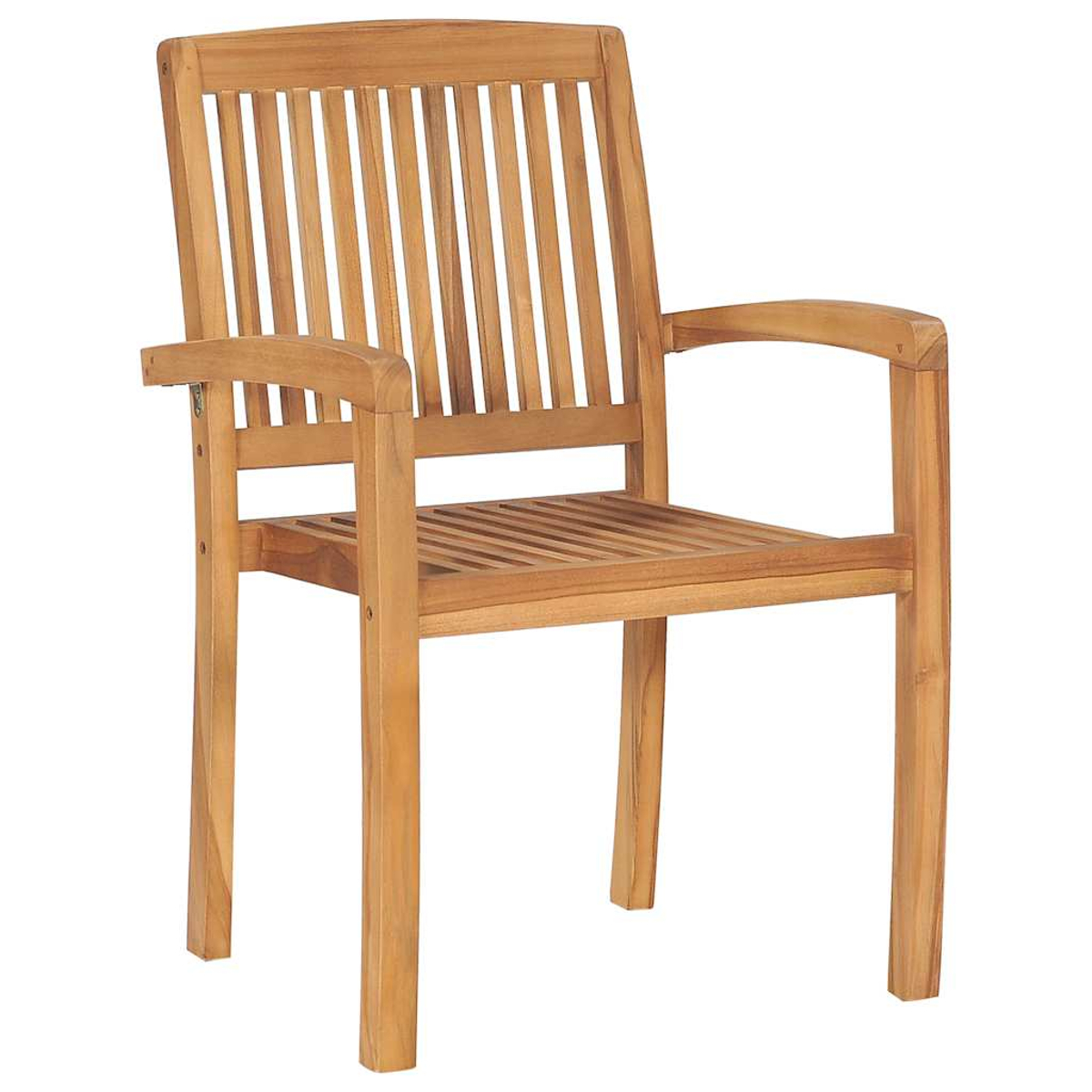 Holzstuhl mit Armlehnen, Lattenrücken und Sitz, natürliche Holzfarbe, isoliert auf Weiß.