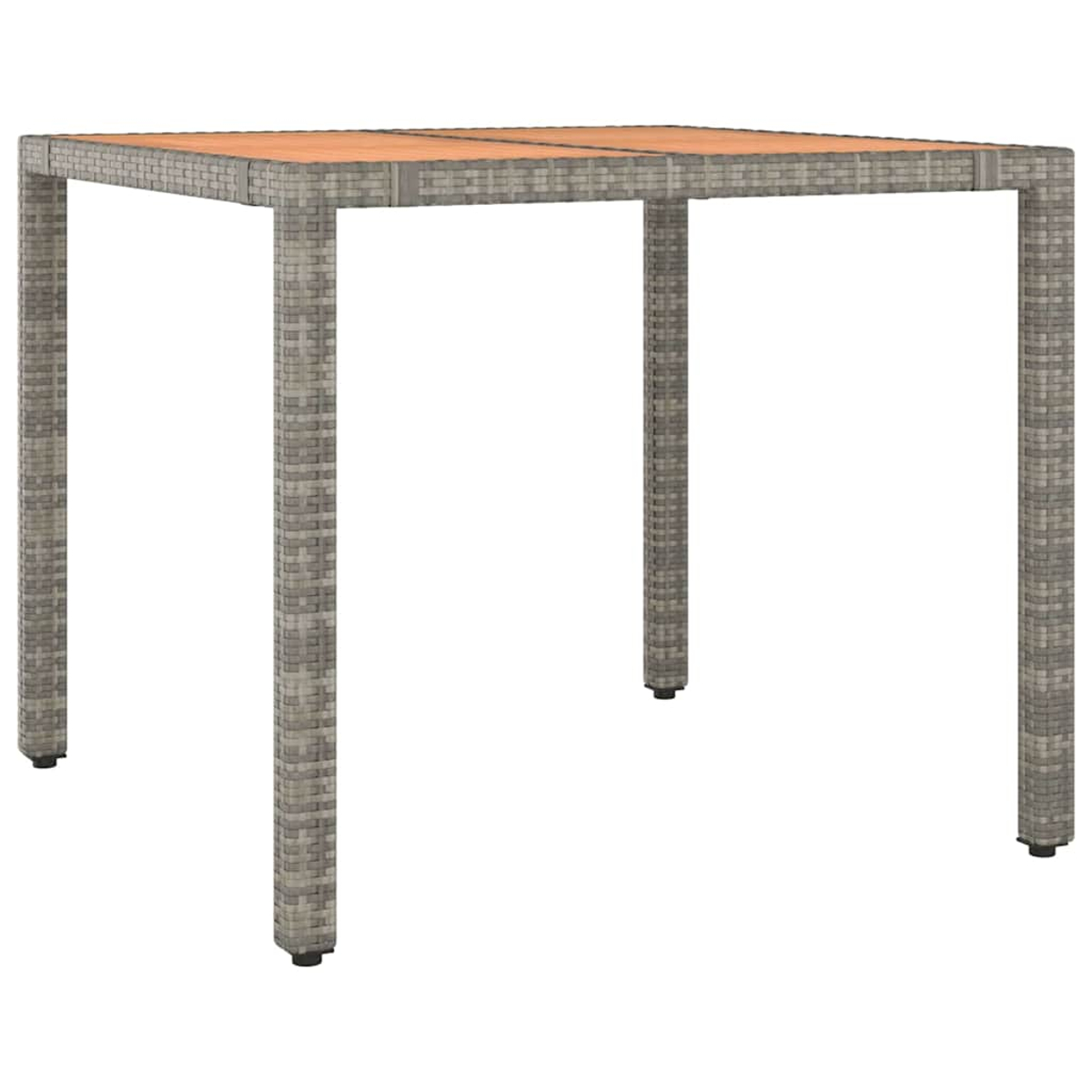 Ein quadratischer Tisch mit Beinen im Korbgeflecht-Stil und einer Holzplatte.