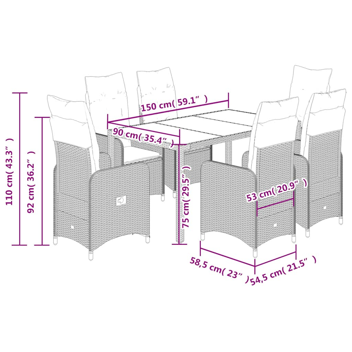 Un set da pranzo in rattan. È composto da un tavolo e sei sedie. Le dimensioni sono indicate.