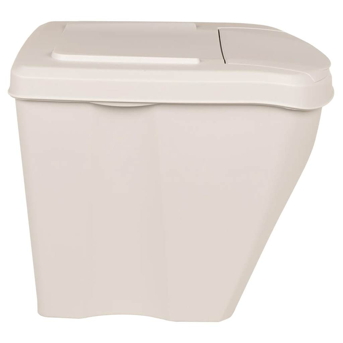 Beige Abfalleimer, rechteckige Form. Klappdeckel. Der Eimer ist leer.